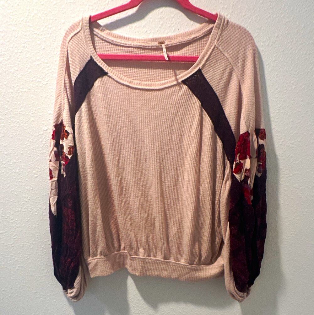 Free People Womens Beige Waffle Knit Cotton Patchwork Scoop Neck Top L 0174